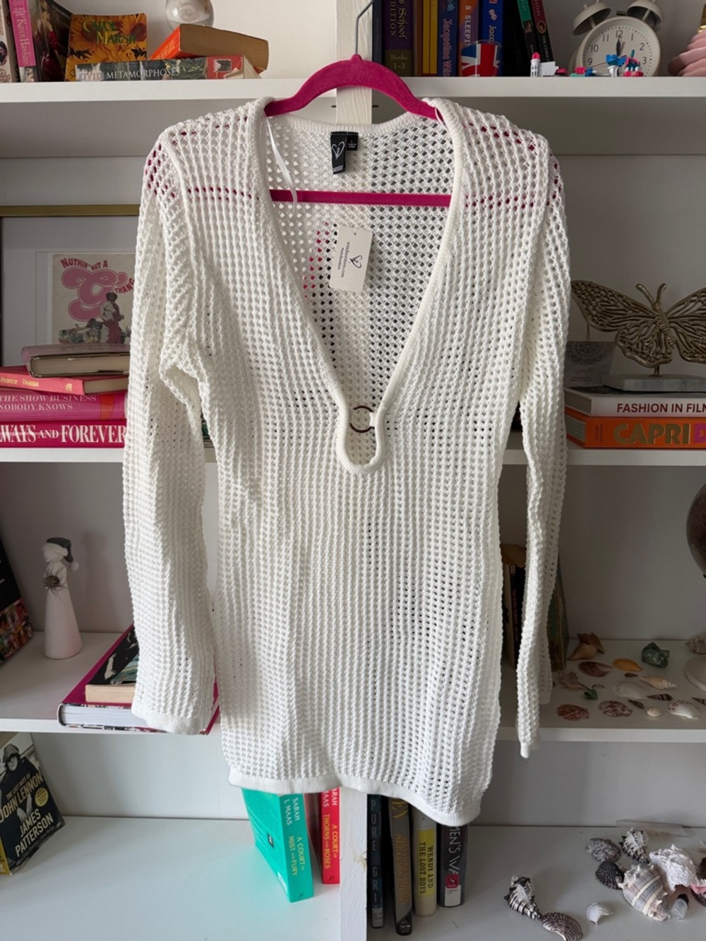 Windsor White Open-Knit V-Neck Swim Cover-Up with Ring Accent